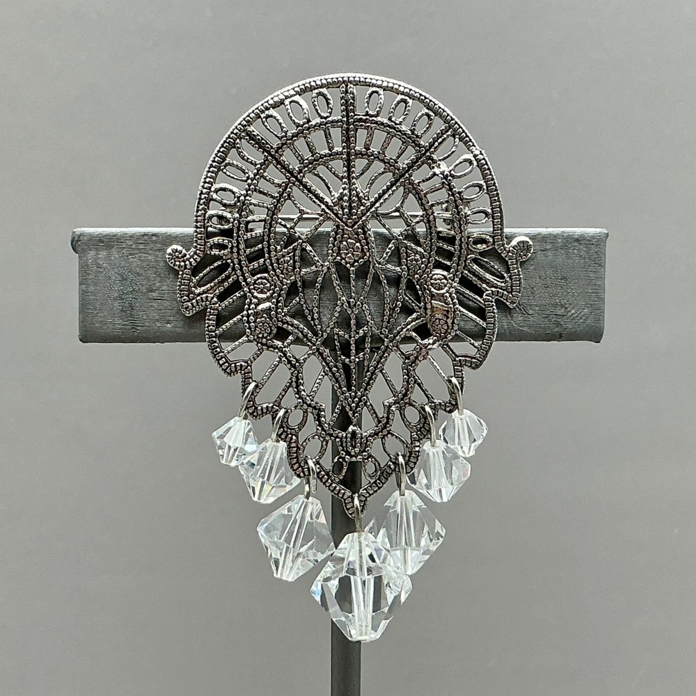Brooch Womens Silver Tone Filigree Crystal Dangle Art Deco Style Pin 2.75"